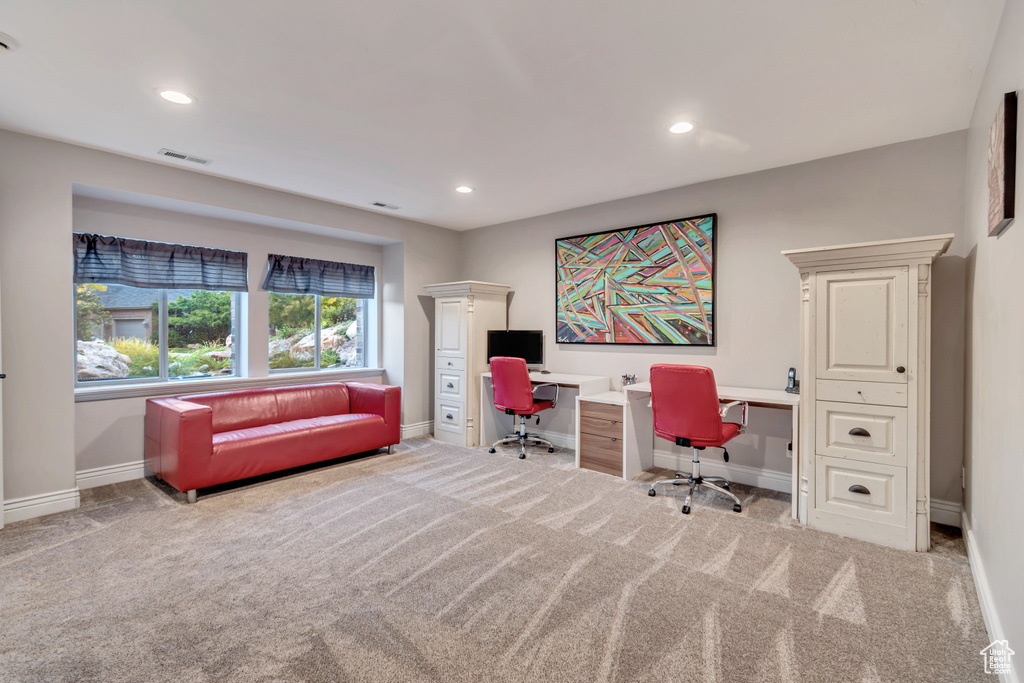 View of carpeted home office