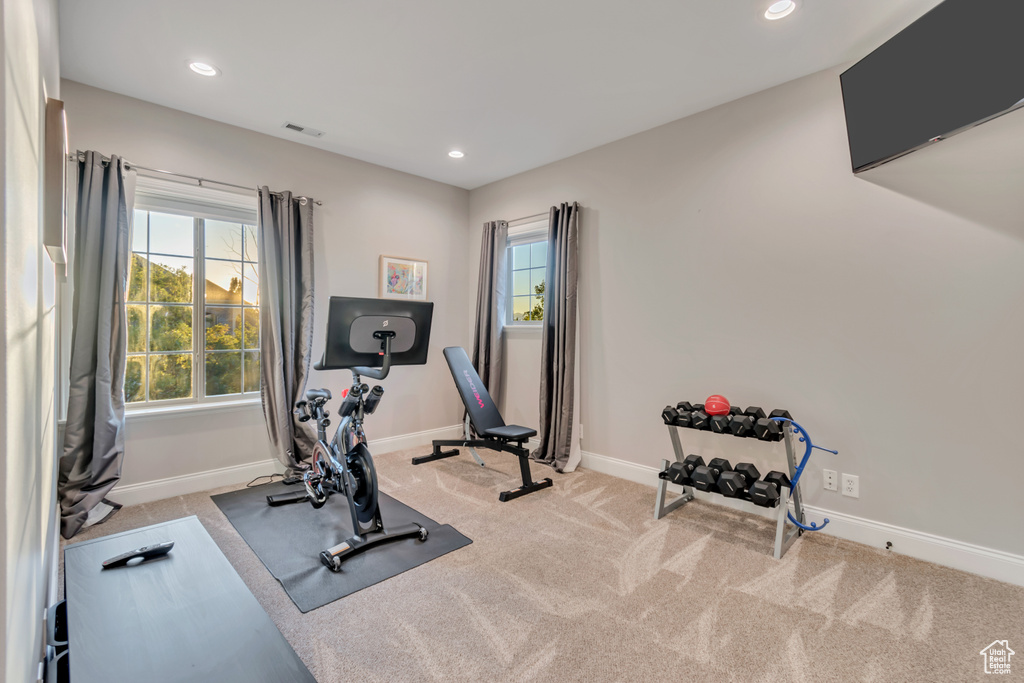 Workout area featuring light colored carpet