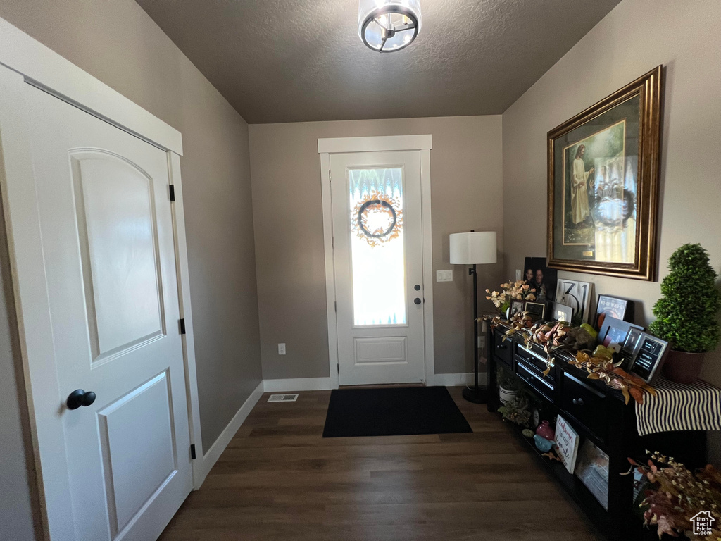 Foyer entrance with a textured ceiling and dark hardwood / wood-style flooring