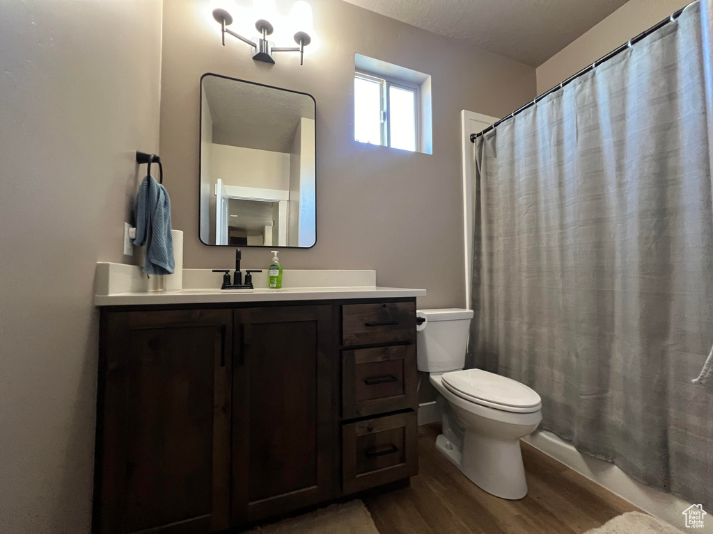 Bathroom with curtained shower, wood-type flooring, vanity, and toilet