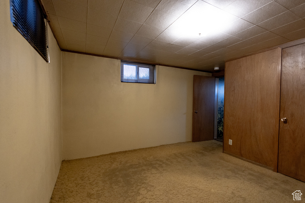 Basement featuring light colored carpet