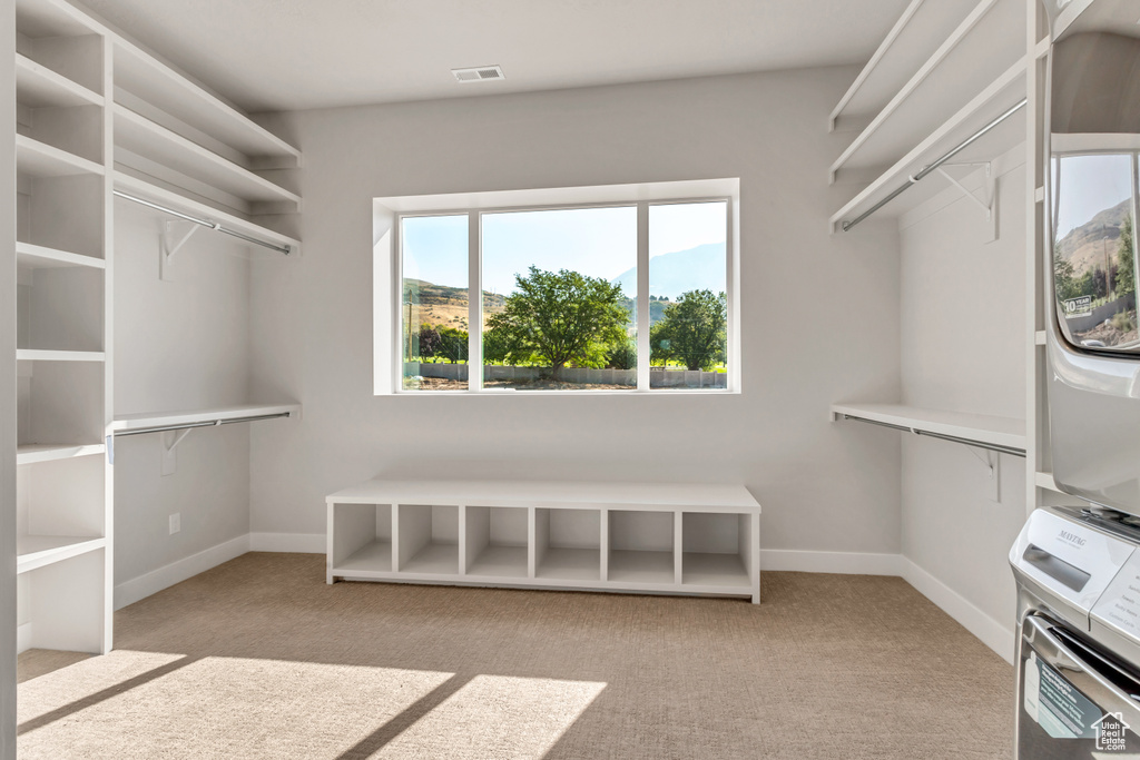 Walk in closet featuring light carpet