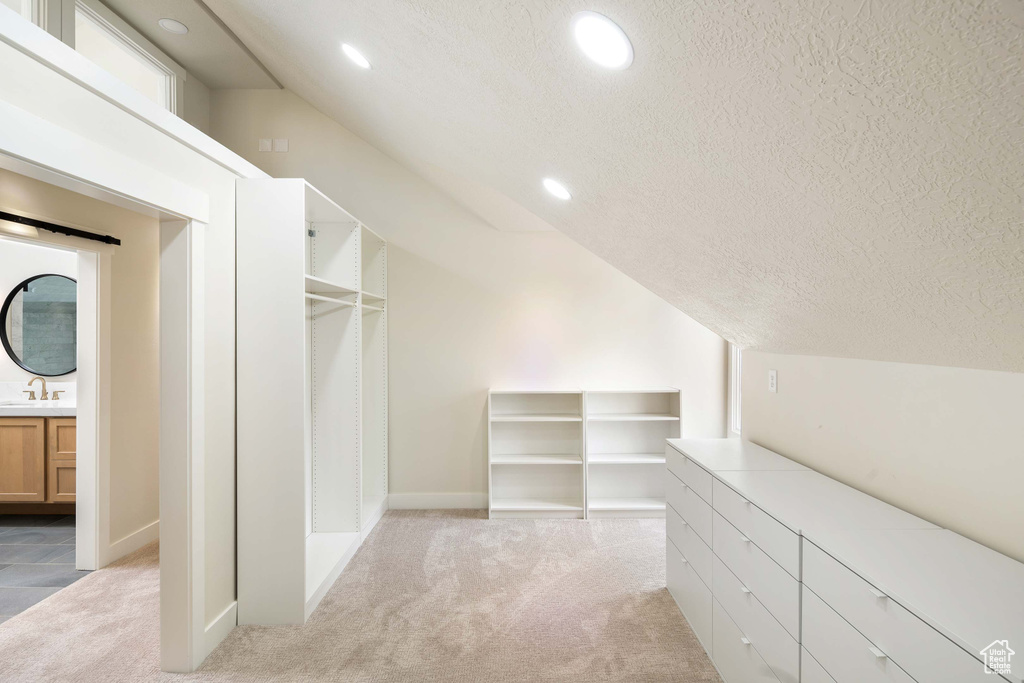 Spacious closet featuring vaulted ceiling, light colored carpet, and sink