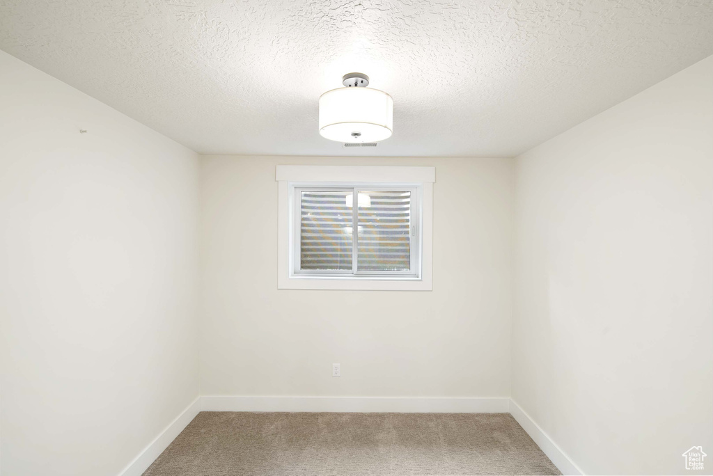 Unfurnished room with a textured ceiling and carpet