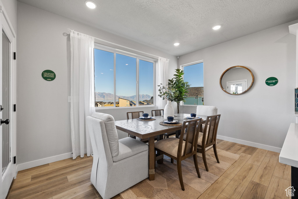 Dining space with a mountain view, light hardwood / wood-style floors, and a textured ceiling