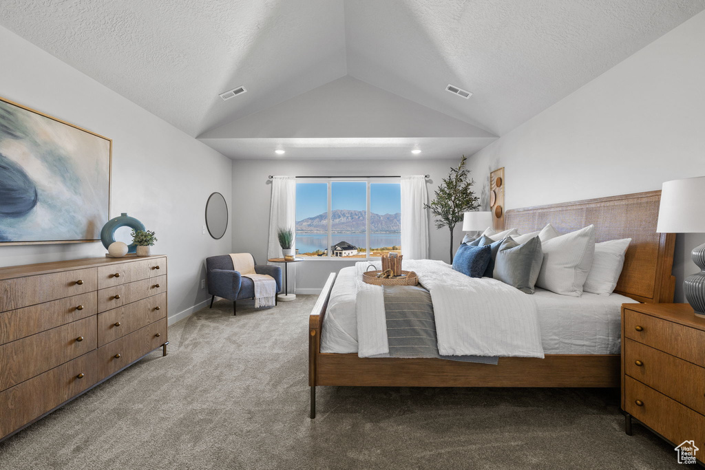 Bedroom featuring a textured ceiling, lofted ceiling, carpet flooring, and a mountain view