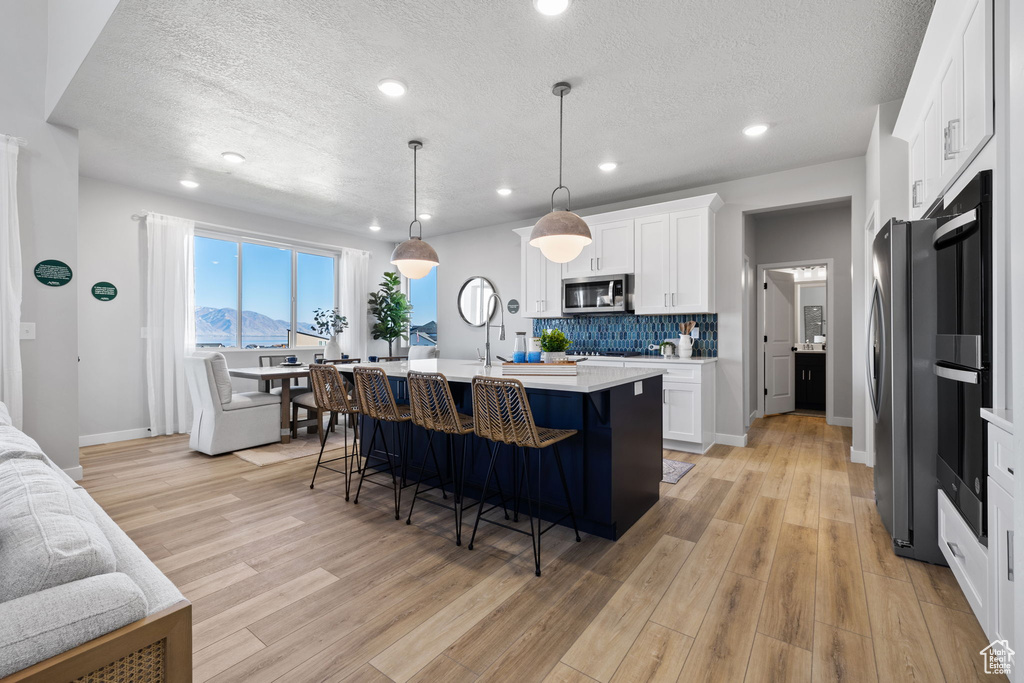 Kitchen with light hardwood / wood-style flooring, stainless steel appliances, and white cabinetry