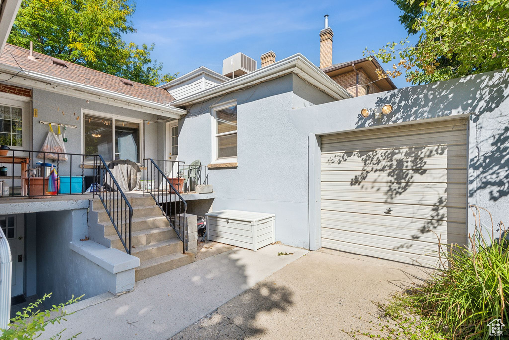 Exterior space with a garage