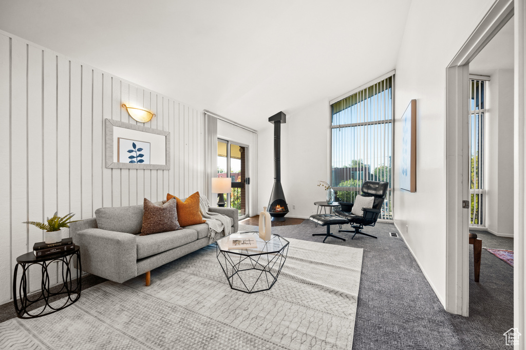 Carpeted living room featuring wooden walls and a wood stove