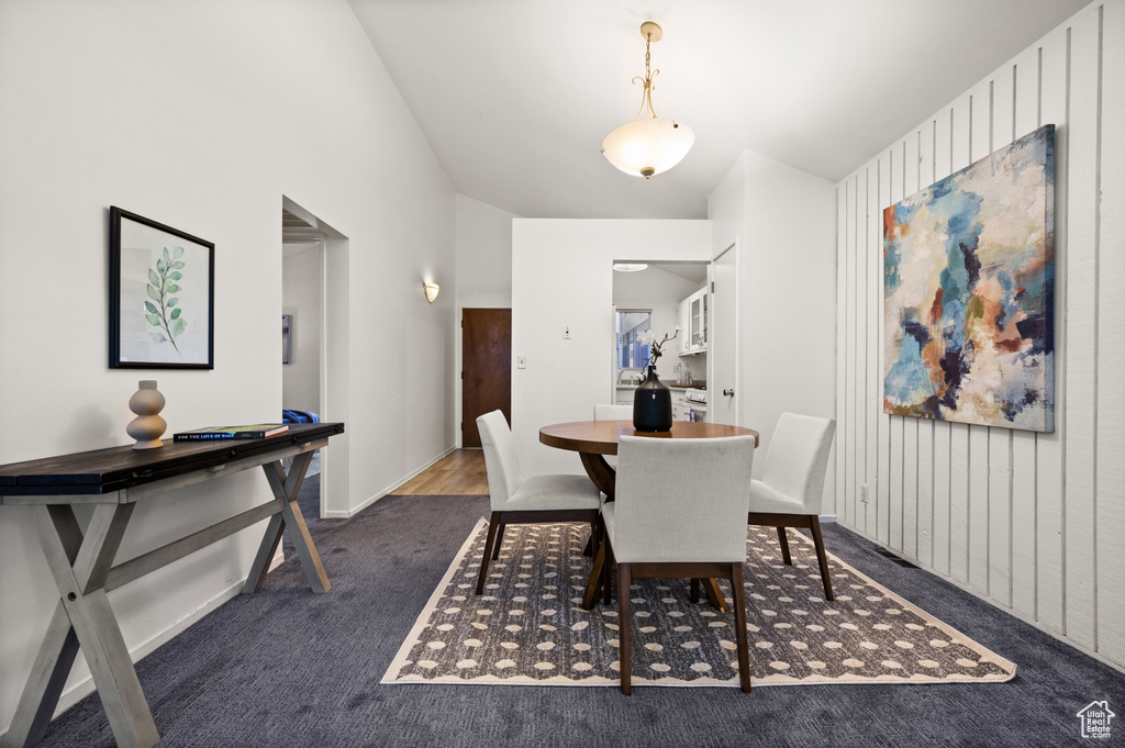 Dining space with dark carpet