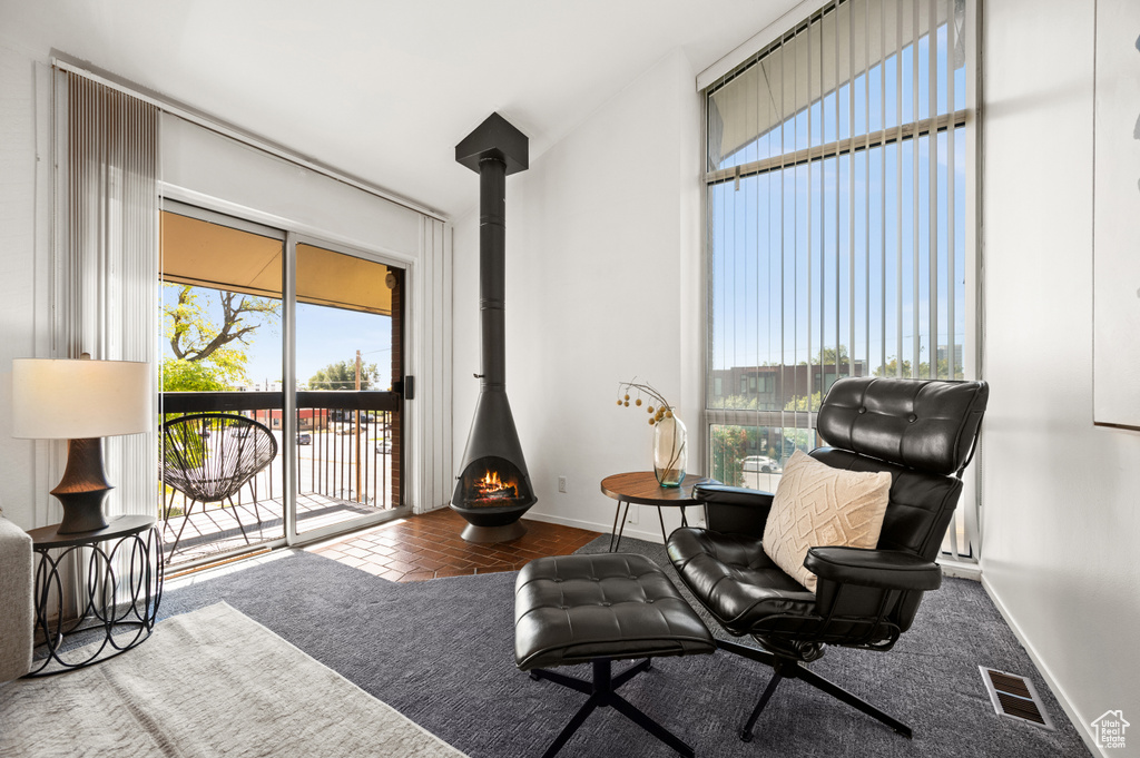 Sitting room featuring wood-type flooring, a wood stove, and plenty of natural light