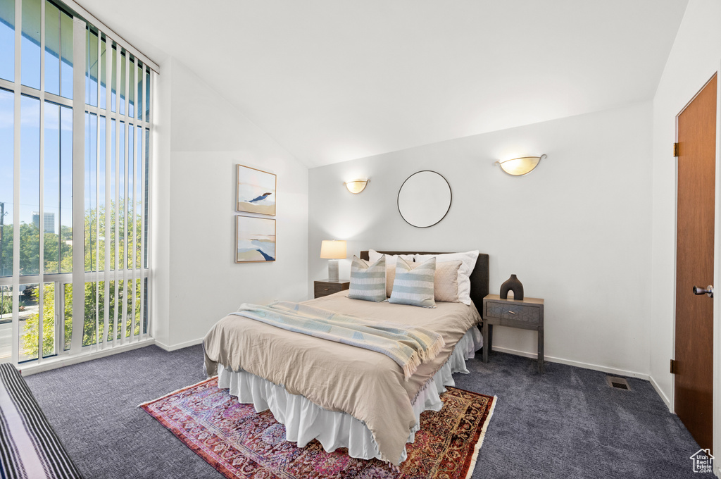 Carpeted bedroom featuring vaulted ceiling