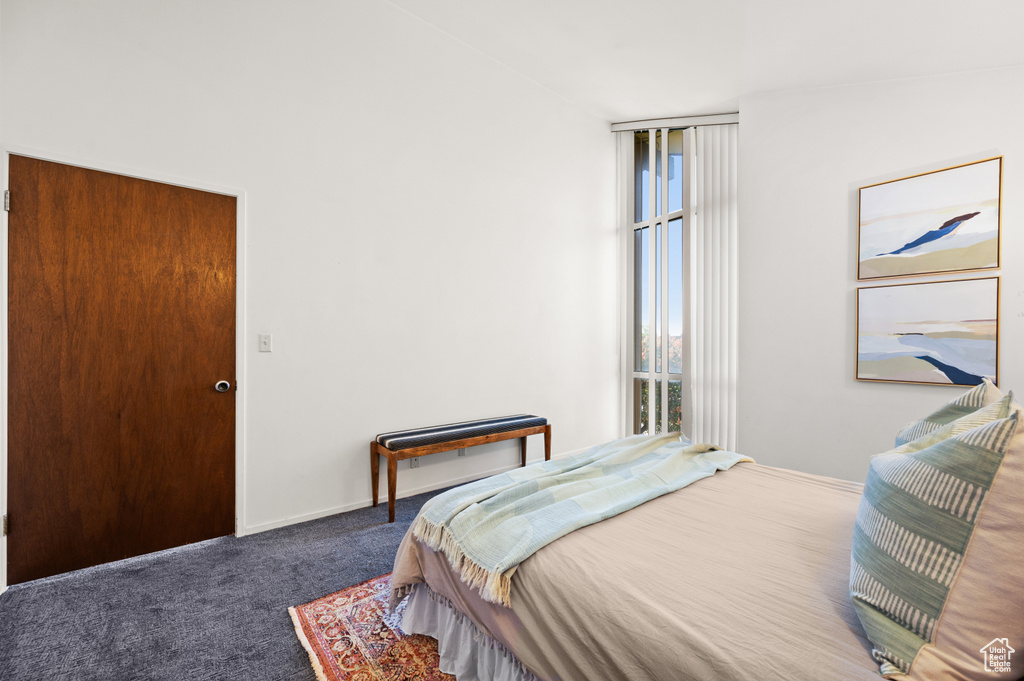 Bedroom featuring dark colored carpet and multiple windows