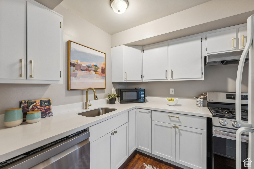 Kitchen featuring white cabinetry, sink, dark wood-type flooring, and stainless steel appliances