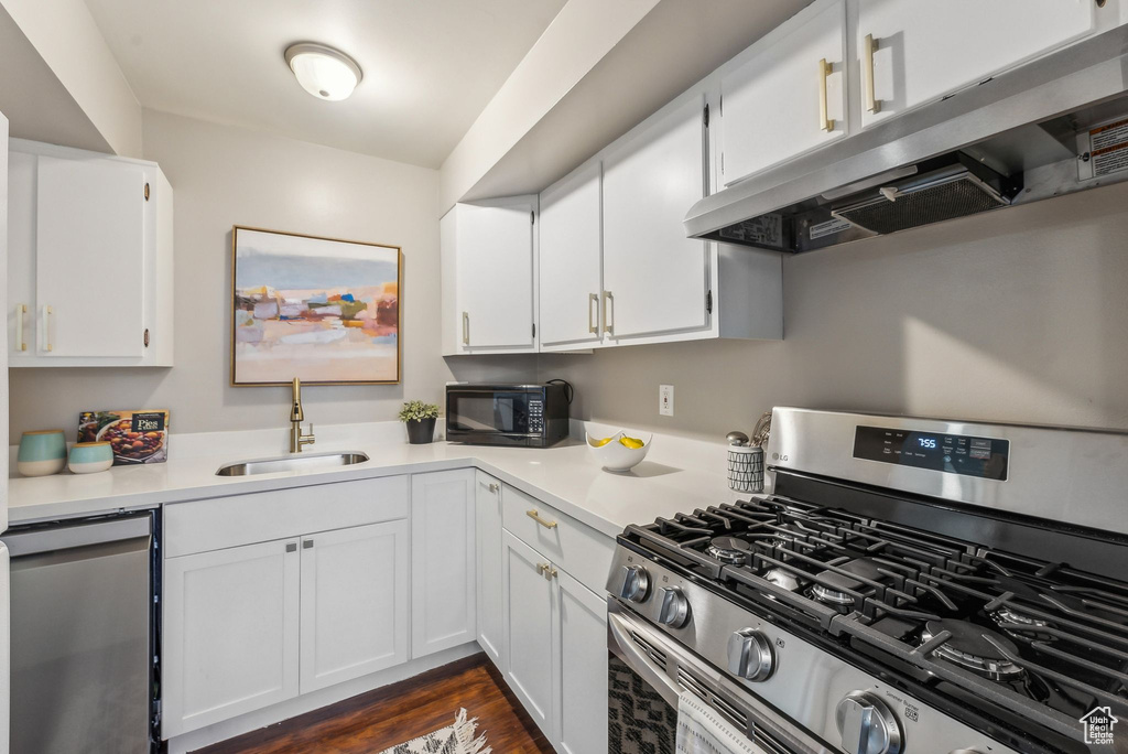 Kitchen featuring white cabinets, stainless steel appliances, dark wood-type flooring, and sink