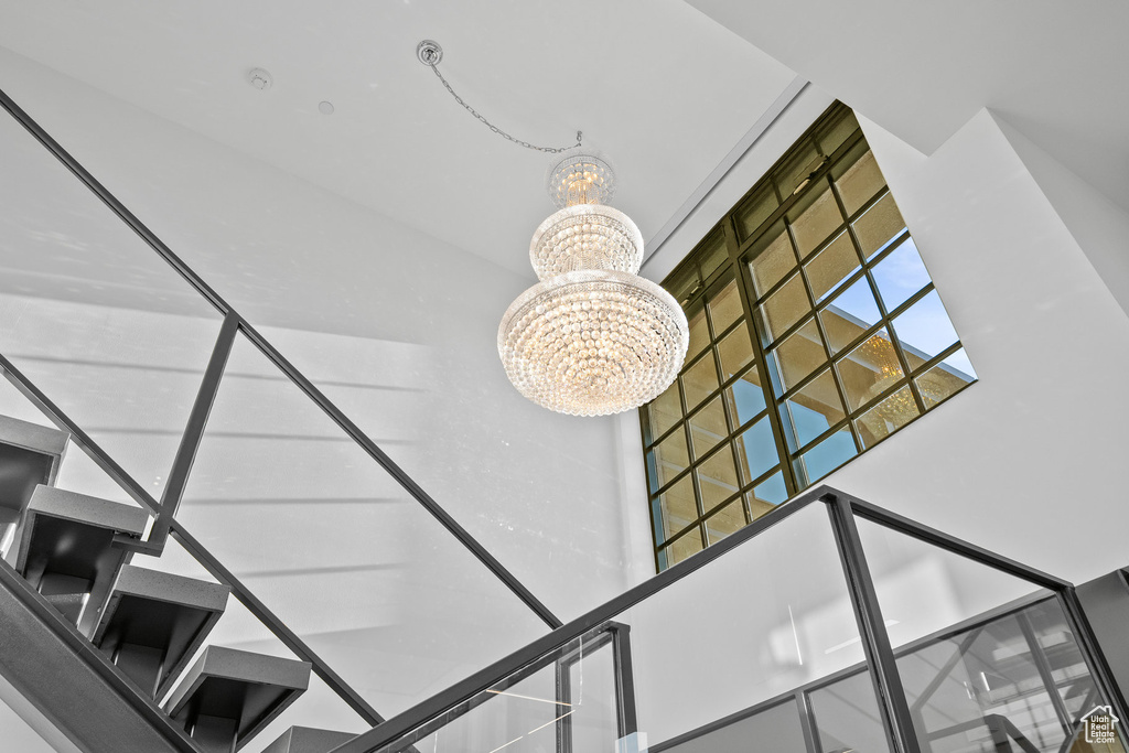 Stairway with a chandelier