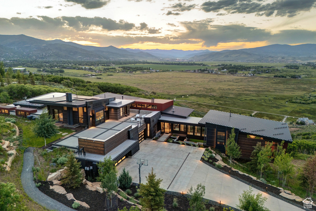 Aerial view at dusk of a mountain view