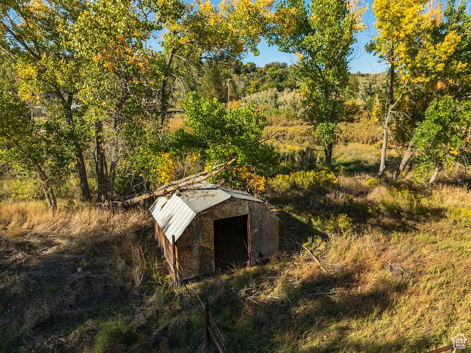 Exterior space with a shed