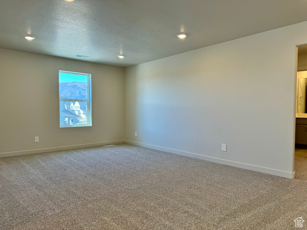 Empty room with light carpet and a textured ceiling