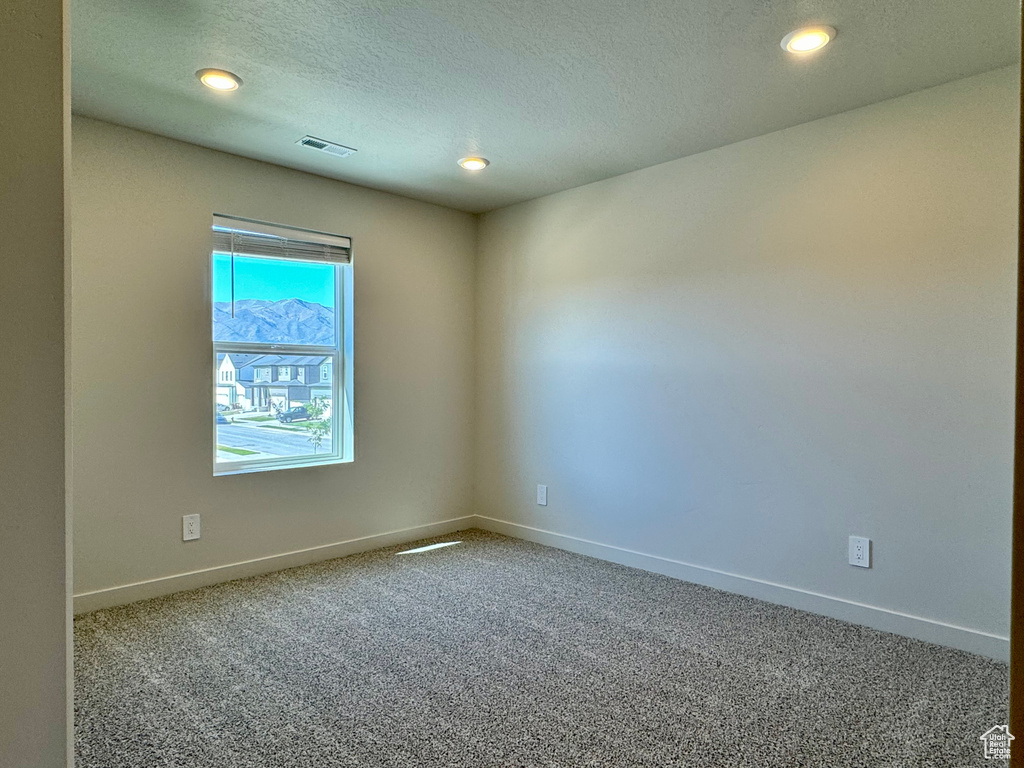 Carpeted empty room featuring a mountain view and a textured ceiling