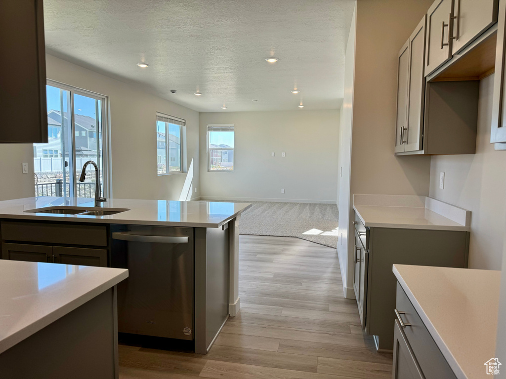 Kitchen with dishwasher, gray cabinets, light wood-type flooring, a kitchen island with sink, and sink