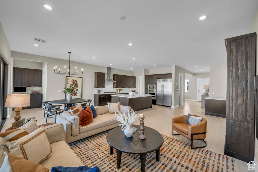 Living room with an inviting chandelier