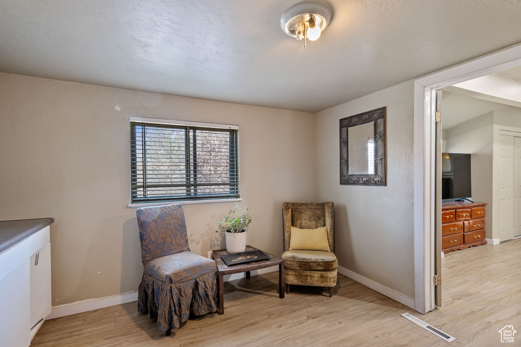 Living area featuring a textured ceiling and light hardwood / wood-style floors