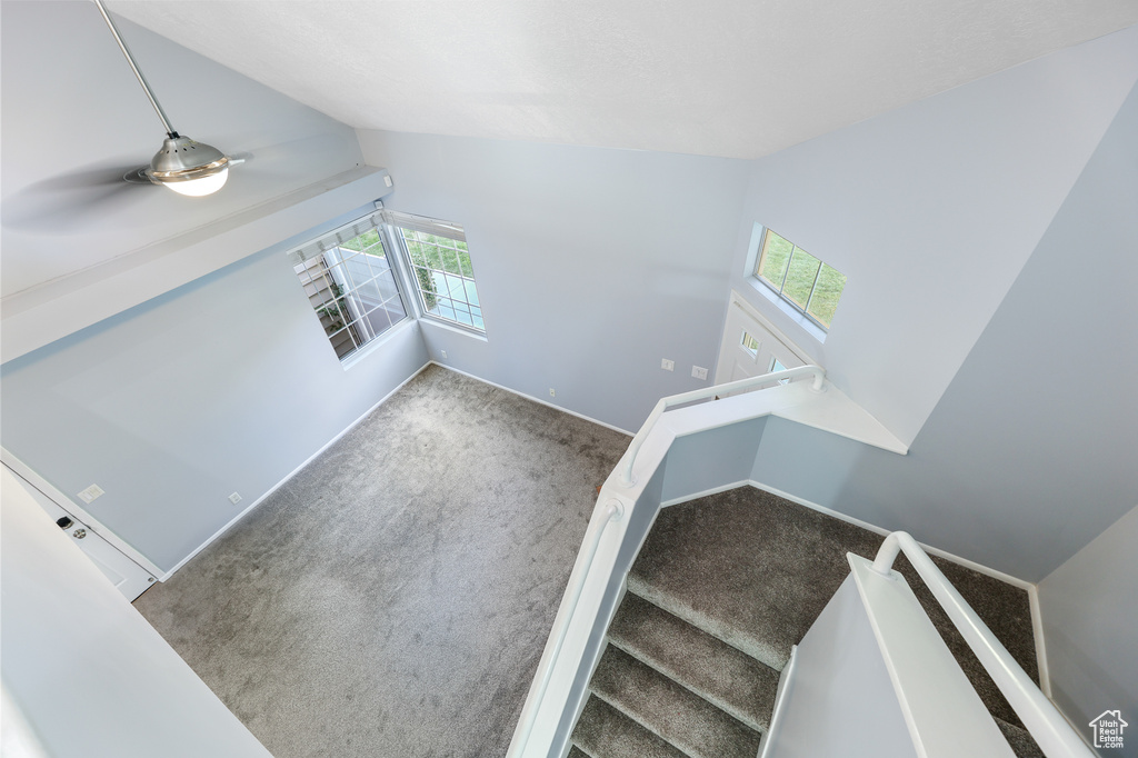 Staircase with carpet flooring, vaulted ceiling, and a healthy amount of sunlight