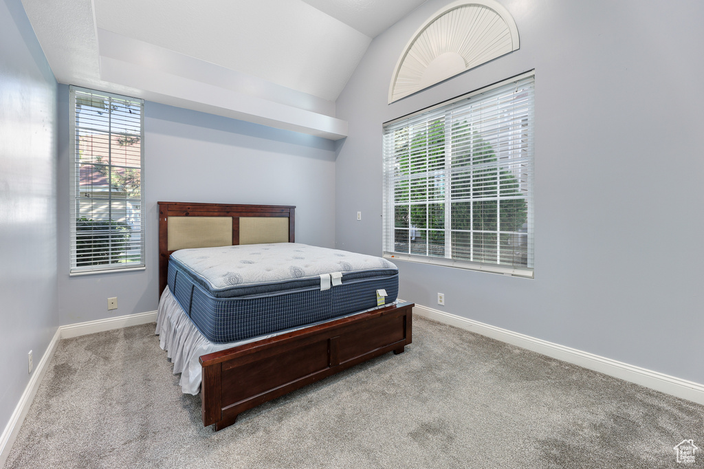 Bedroom featuring light carpet, lofted ceiling, and multiple windows