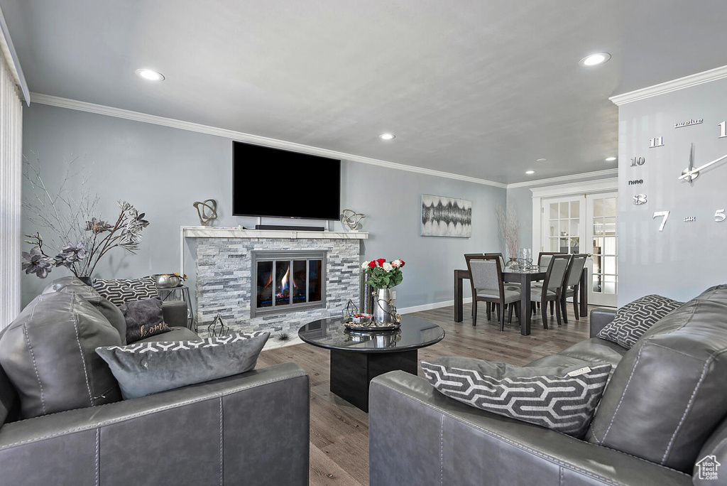 Living room featuring a stone fireplace, crown molding, and hardwood / wood-style floors