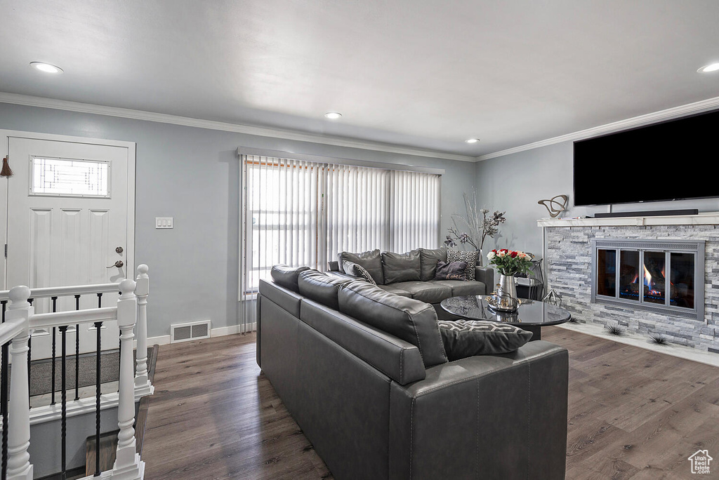 Living room with a healthy amount of sunlight, a stone fireplace, and dark wood-type flooring