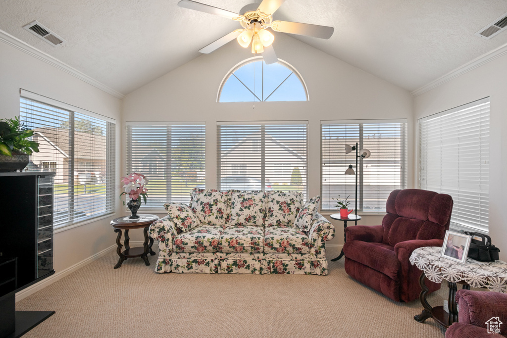 Living room featuring carpet flooring, ornamental molding, ceiling fan, and plenty of natural light