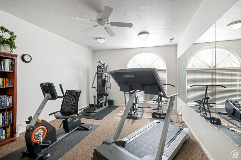 Workout area with ceiling fan, carpet flooring, and a textured ceiling