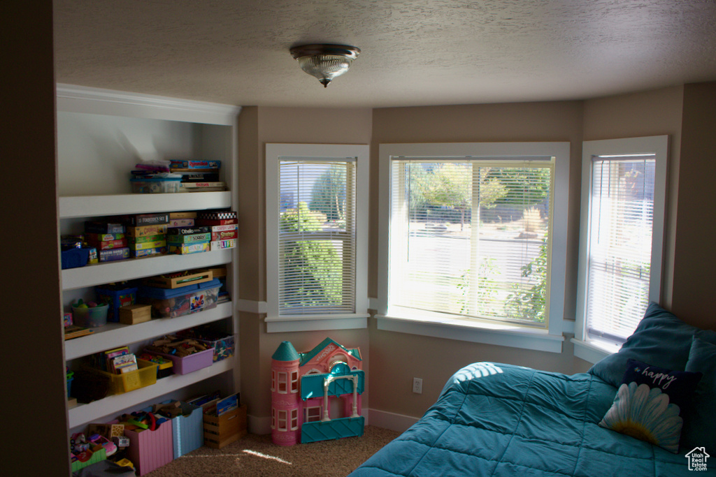 Bedroom featuring a textured ceiling and carpet floors