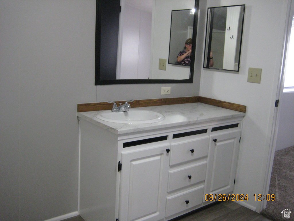 Bathroom with wood-type flooring and vanity