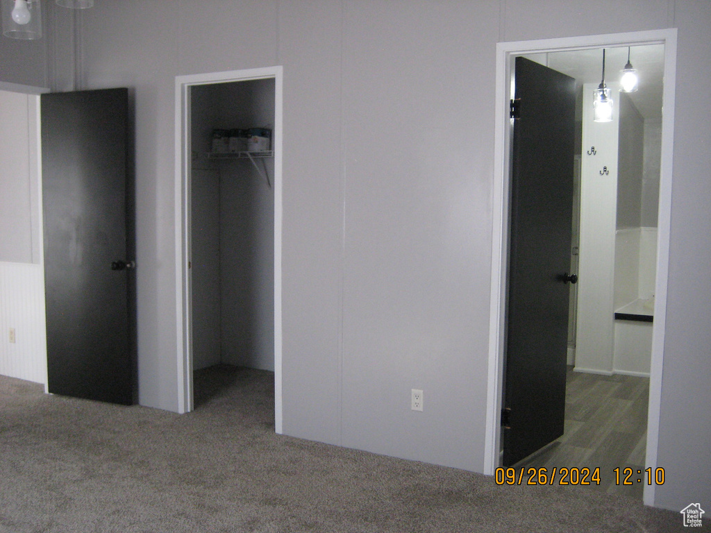 Unfurnished bedroom featuring carpet floors and a spacious closet