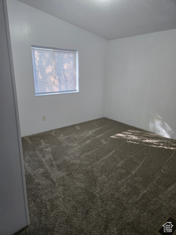 Carpeted empty room featuring lofted ceiling