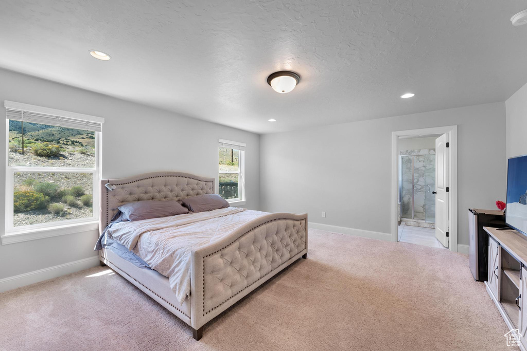 Bedroom with light carpet, a textured ceiling, and connected bathroom