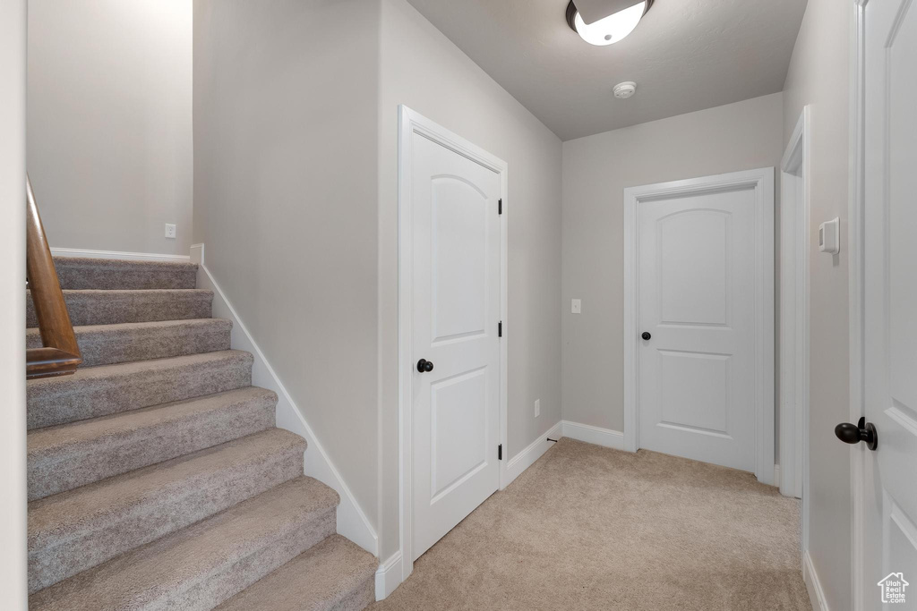 Interior space featuring light colored carpet