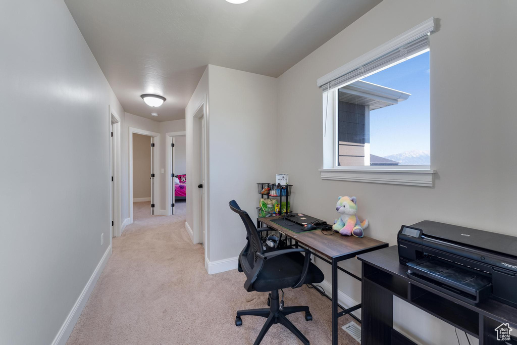 Office area with light colored carpet