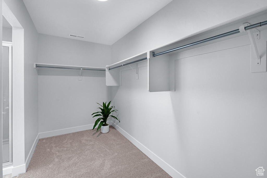 Walk in closet with light colored carpet