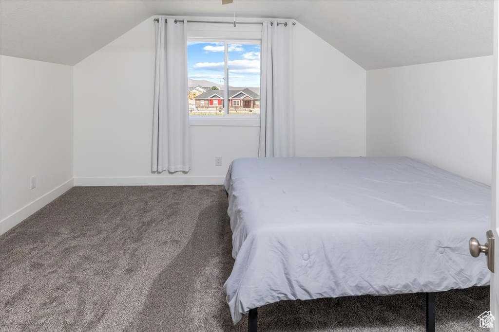 Bedroom featuring lofted ceiling and carpet flooring