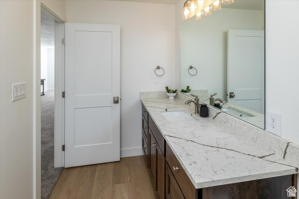 Bathroom featuring wood-type flooring and vanity