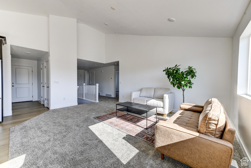 Living room with hardwood / wood-style flooring and high vaulted ceiling