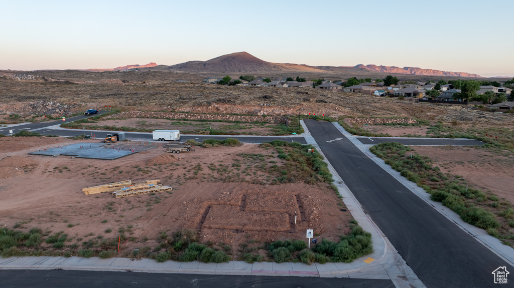 Aerial view at dusk with a mountain view