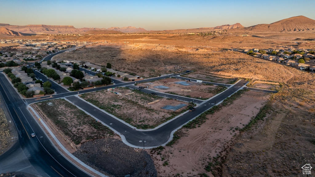 Aerial view at dusk with a mountain view