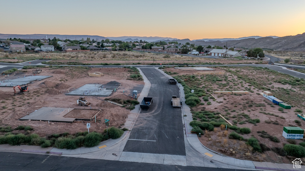 Aerial view at dusk with a mountain view