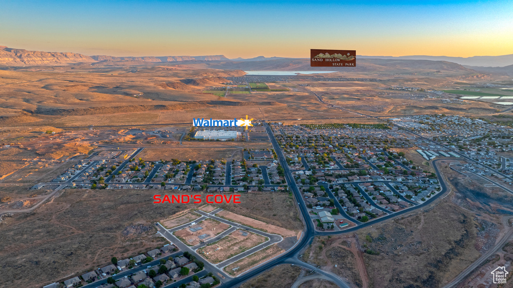 Aerial view at dusk with a mountain view