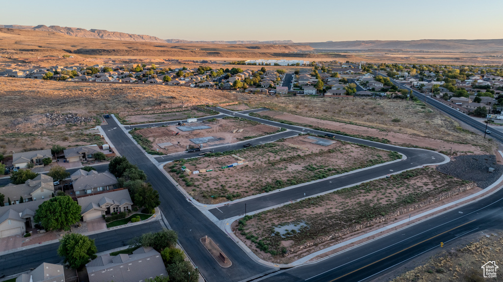 Aerial view at dusk with a mountain view