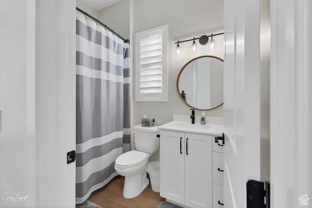 Bathroom with vanity, toilet, and hardwood / wood-style flooring